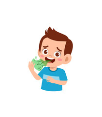 cute little boy check bad breath on mouth