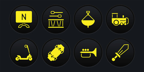 Set Roller scooter, Toy train, Skateboard, Trumpet, Whirligig toy, Drum with drum sticks, Sword and Smart Tv icon. Vector