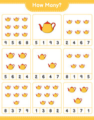 Counting game, how many Teapot. Educational children game, printable worksheet, vector illustration