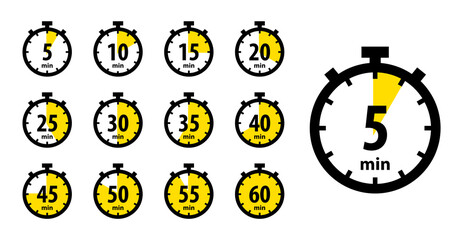 Timer and clock icons set. Vector times of 10, 15, 30, 45, 40, 50, 35, 25, 60, 5 minutes. Stopwatch, chronometer, watch with countdown of hours and seconds for sport, cook. Circle stop symbols for ui - obrazy, fototapety, plakaty