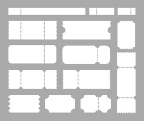 Ticket, coupon, raffles templates. Blank vector paper mockups for event, cinema, label, theater, movie, concert and airplane travel. Invitation, lottery, vintage empty card for barcode, icon.