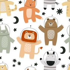seamless pattern with cartoon animals in space, stars, decor elements. Colorful vector for kids, flat style, hand drawing. baby design for fabric, print, nursery wallpaper, textile