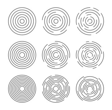 Circular vector lines, circle concentric pattern design. Round graphic black ripple background. Abstract geometric vortex ring shapes.Radial center minimal spirals on white.Dynamic simple burst.