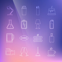 Naklejka premium Set line Coffee cup, Travel suitcase, Sport bottle with water, Lighter, Battery, Test tube and flask, Table lamp and icon. Vector
