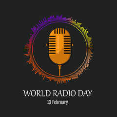 Microphone surrounded by colored audio spectrum . World radio day concept. February 13th.