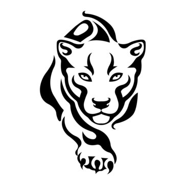 The silhouette of a crouching tiger in black, drawn by various lines in the Celtic style. Isolated vector