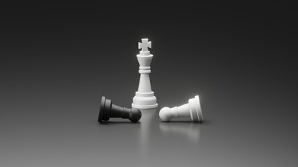 Standing White King in front of falling black and white pawn with dark background. 3D illustration of end of war