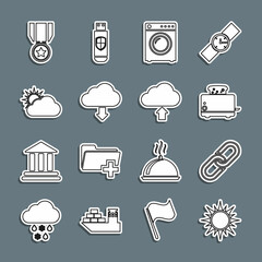 Set line Sun, Chain link, Toaster with toasts, Washer, Cloud download, and cloud weather, Medal star and upload icon. Vector