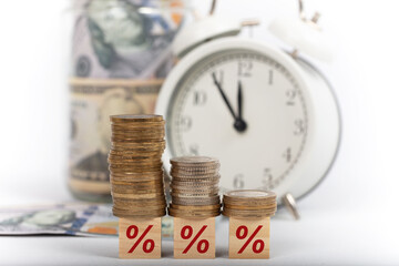 percent Interest rate. Risk Management, business financial concept. Wooden cube block icon percent symbol.