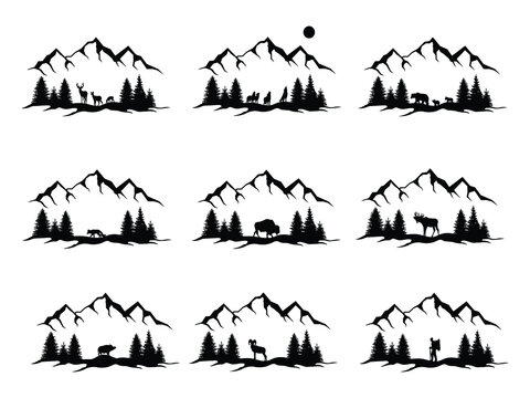 Set of animals in the forest. Collection of silhouette of wild animals in the mountains of deer, bear, wolf and fox. Tourism. Vector illustration of man and nature on a white background.