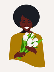 A stylish African-American beauty with dark skin and fluffy curly hair holds white tulips in her hands. Holiday card for Mother's Day, Women's Day March 8. Tanned girl smiles and is happy. Vector.
