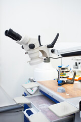 Microscope in a dental laboratory, a technician's workplace in a dental laboratory
