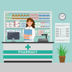Fototapeta na wymiar Pharmacy Store and Doctor pharmacist. Woman pharmacist holding prescription checking medicine in the pharmacy. Health Care concept.