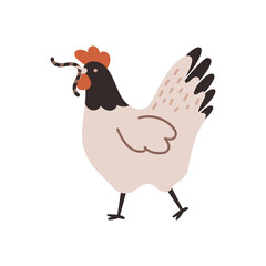 A beige chicken is holding a worm. Chicken farm. Cartoon. Cozy vector illustration.