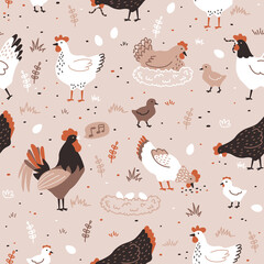 Seamless pattern with hen, chicken, rooster and nest with eggs. Chicken farm. Cartoon. Cozy vector illustration.