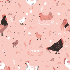 Seamless pattern with hen, chicken, rooster and nest with eggs. Chicken farm. Cartoon. Cozy vector illustration. Pink background.