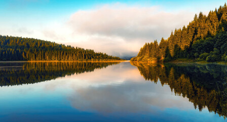Early morning mountain lake scenery with fog and colorful sky, springtime	 - 480163177