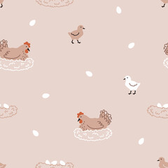 Seamless pattern with hen, chicken, chick and nest with eggs. Chicken farm. Cartoon. Cozy vector illustration. Beige background.