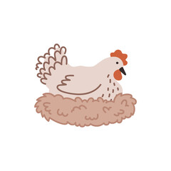 The beige hen sits in the nest. Chicken farm. Cartoon. Cozy vector illustration.