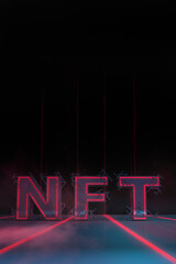 Abstraction signed with NFT token. Abstract NFT collage. EVERYDAYS: THE FIRST 5000 DAYS. Volumetric letters, inscription, banner. Digital art, set NFT concept, light rays, neon. 3d illustration 