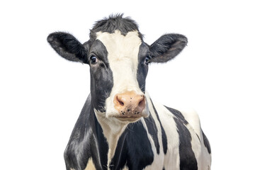 Fototapeta Cute cow isolated on white, black mottled, gentle surprised look, pink nose obraz