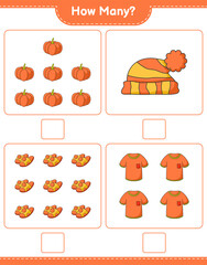 Counting game, how many Tshirt, Slippers, Pumpkin, and Hat. Educational children game, printable worksheet, vector illustration