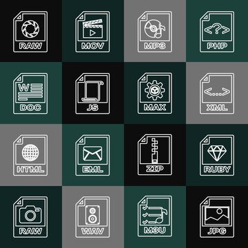 Set line JPG file document, RUBY, XML, MP3, JS, DOC, RAW and MAX icon. Vector