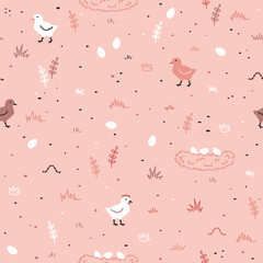 Seamless pattern with chick and nest with eggs. Chicken farm. Cartoon. Cozy vector illustration. Pink background.