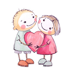 Couple in love with a heart for Valentine's Day. Drawn with markers.