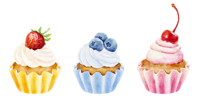 Set of watercolor cupcakes isolated on white background.