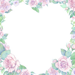 heart-shaped frame of watercolor images of pink roses, leaves and climbing flowers