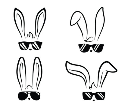 Set of faces bunny in sunglasses. Collection of hipster portrait hares with glasses. Easter rabbit. Vector illustration on white background.