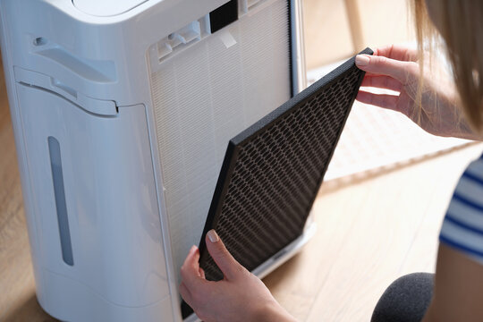 A woman removes a replaceable filter of an air purifier