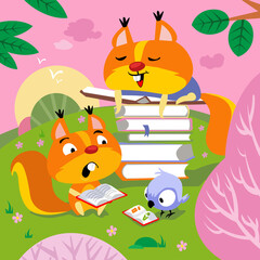 Cute squirrels are reading in spring meadow. Background with flowering trees. Hand drawn full color children illustration. Vector flat cartoon picture.