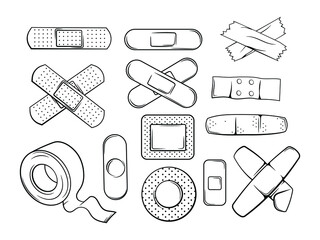 Fototapeta Set of different medical plasters. Collection of adhesive bandage for first aid. Pharmacy plaster. Health care. Vector illustration of medical patches isolated on white background. Protection of inju obraz