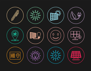 Set line Solar energy panel, and sun, light bulb, Location shopping basket, Pen, Smile face and Cute with smile icon. Vector