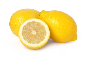 Ripe lemon fruit and slices isolated on white background, fresh lemon fruit.