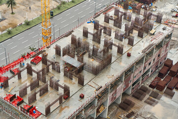 Construction site top view. Early stage of the construction of a high-rise building