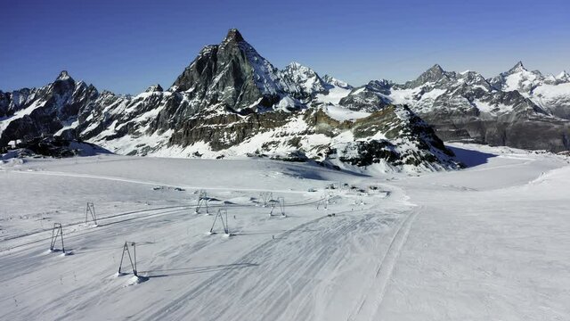 Aerial view over the ski slopes of the Klein Matterhorn in Switzerland.