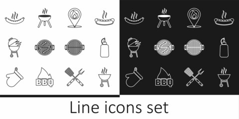 Set line Barbecue grill, Mustard bottle, Location with fire flame, sausage, Sausage, and icon. Vector