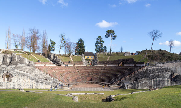 Kaiseraugst, Switzerland - February 23, 2014: The archeological site of a roman theatre Augsuta Raurica