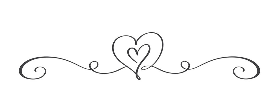 Vintage Flourish Vector divider Valentines Day Hand Drawn Black Calligraphic Heart. Calligraphy Holiday illustration. Design valentine element. Icon love decor for web, wedding