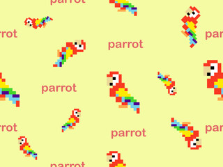 Parrot cartoon character seamless pattern on green background.Pixel style