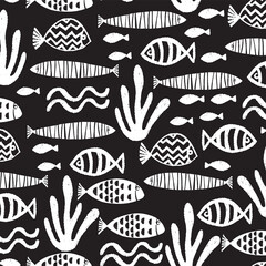 Fish pattern block print seamless vector texture background. Repeat cute kids ocean animal black and white pattern swatch. Distressed block print all over textile for fabric, wallpaper, children wear.