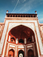 Taj Mahal complex gateway arch. Architectural detail in Agra, Uttar Pradesh.