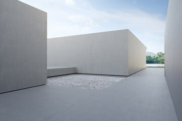 Empty concrete floor in city park. 3d rendering of abstract gray building with lake and blue sky background.
