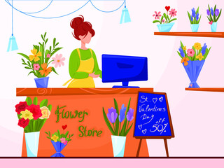 Flower shop with girl working cashier. announcement about saint valentine's day discount. potted plants and bouquets on the shelves. Vector illustration