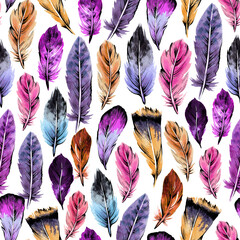 Bird feathers seamless pattern. Hand drawing watercolor. Design wallpaper, fabrics, packaging.	