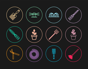 Set line Garden rake for leaves, Flower in pot, Automatic irrigation sprinklers, Flowers, Gardening handmade scissor, fork, pitchfork and icon. Vector