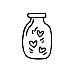 Monoline jar with hearts. Valentines Day Hand Drawn icon. Heart Holiday sketch doodle Design element valentine. love decor for web, wedding and print. Isolated illustration